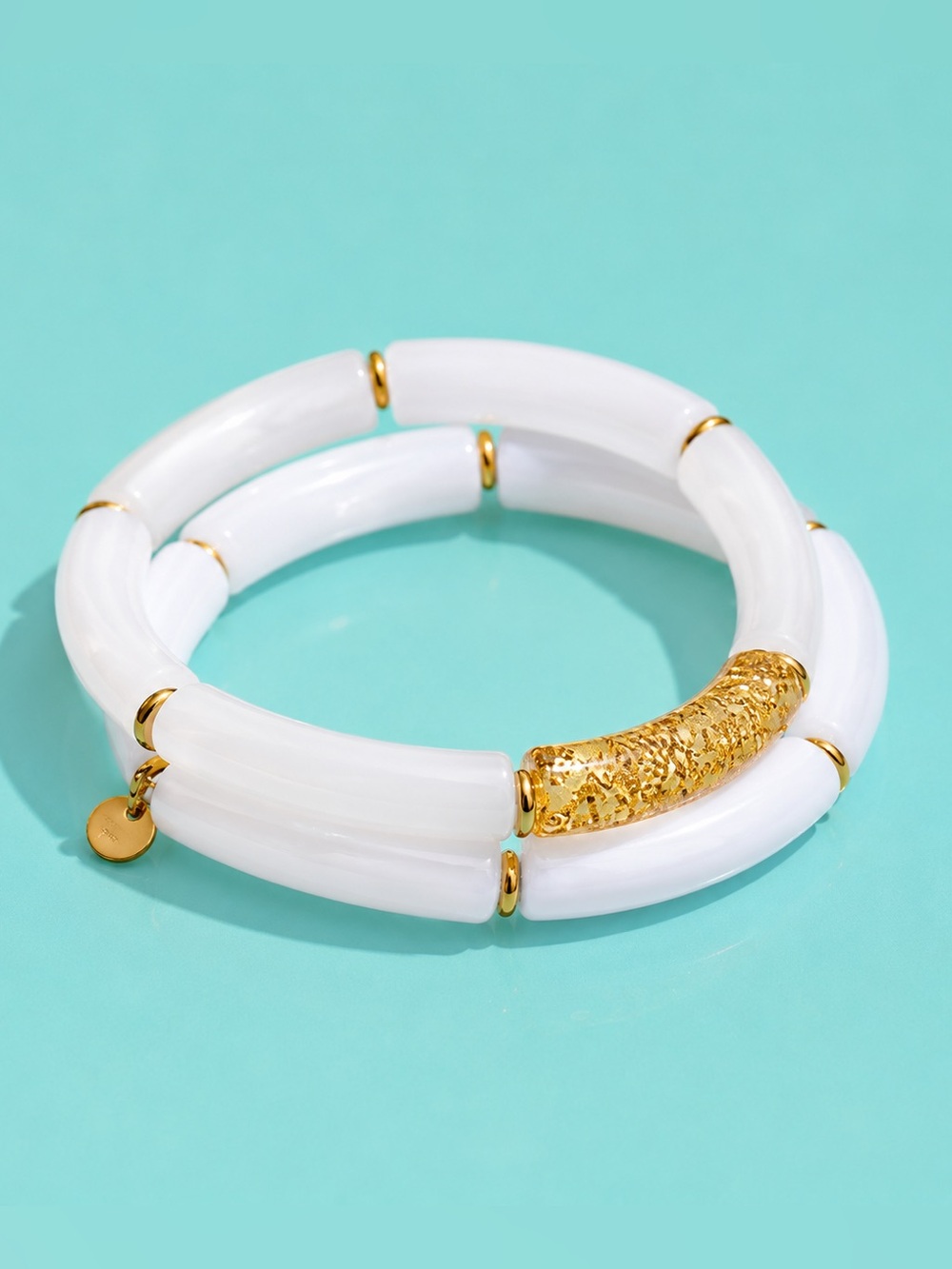 Cute White Beaded Stretch Bracelet with Gold Accent